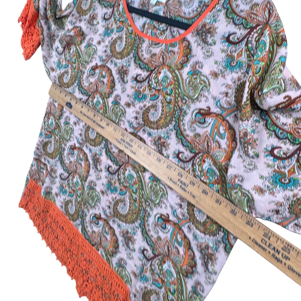 Boho Paisley Crochet Lace Top XL Orange Festival Peasant Blouse Cottagecore - Picture 5 of 8